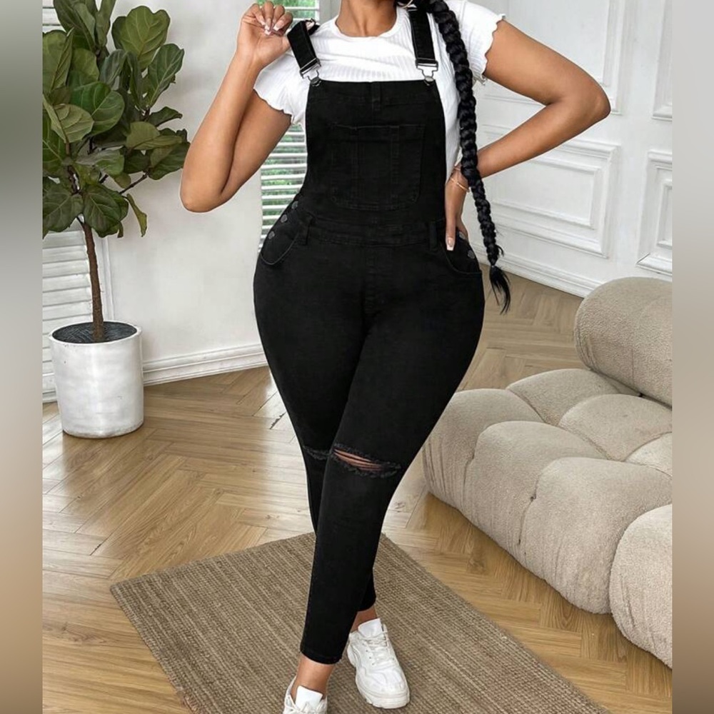 Plus size ripped denim overalls